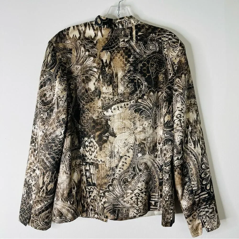 Chico’s cream brown silk floral office boho preppy lightweight blazer large
